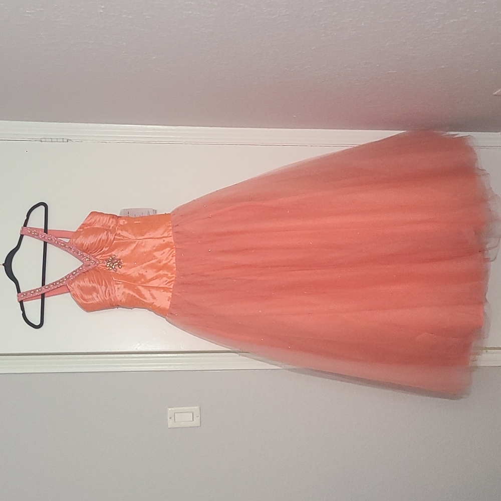 Coral ball gown with beaded straps and a lace up corset back NWT Size 8
